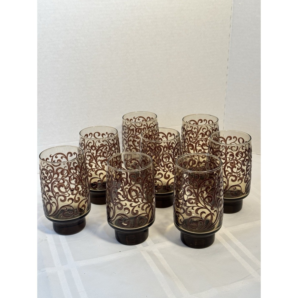 8 Vintage Libbey Prado Tawny Brown Raised Scroll Drinking Glasses Tumbler 5 1/2"